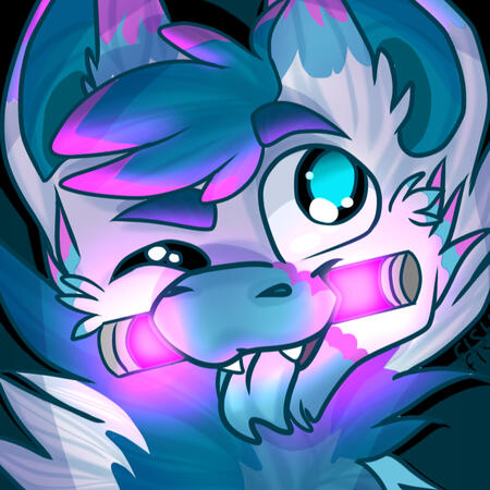 spekkboy portrait of spekk the furry dragon. he's white, blue, and pink. a pink glowstick is in his mouth.