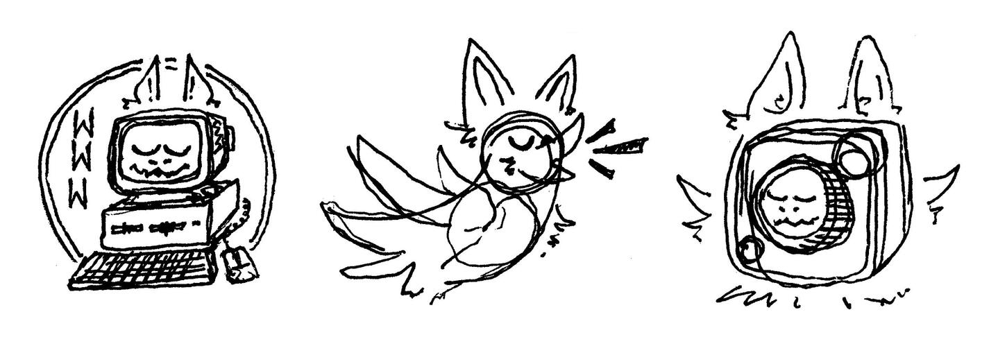 connections ink sketches. a computer with a sleepy face and pointy ears. a twitter bird with a sleepy face and pointy ears. an adaptation of the instagram icon with a sleepy face, pointy ears, and cheek tufts.
